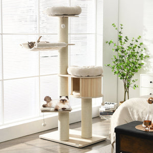4-Layer 68.5-Inch Wooden Cat Tree Condo Activity Tower with Sisal Posts-Natural view 3