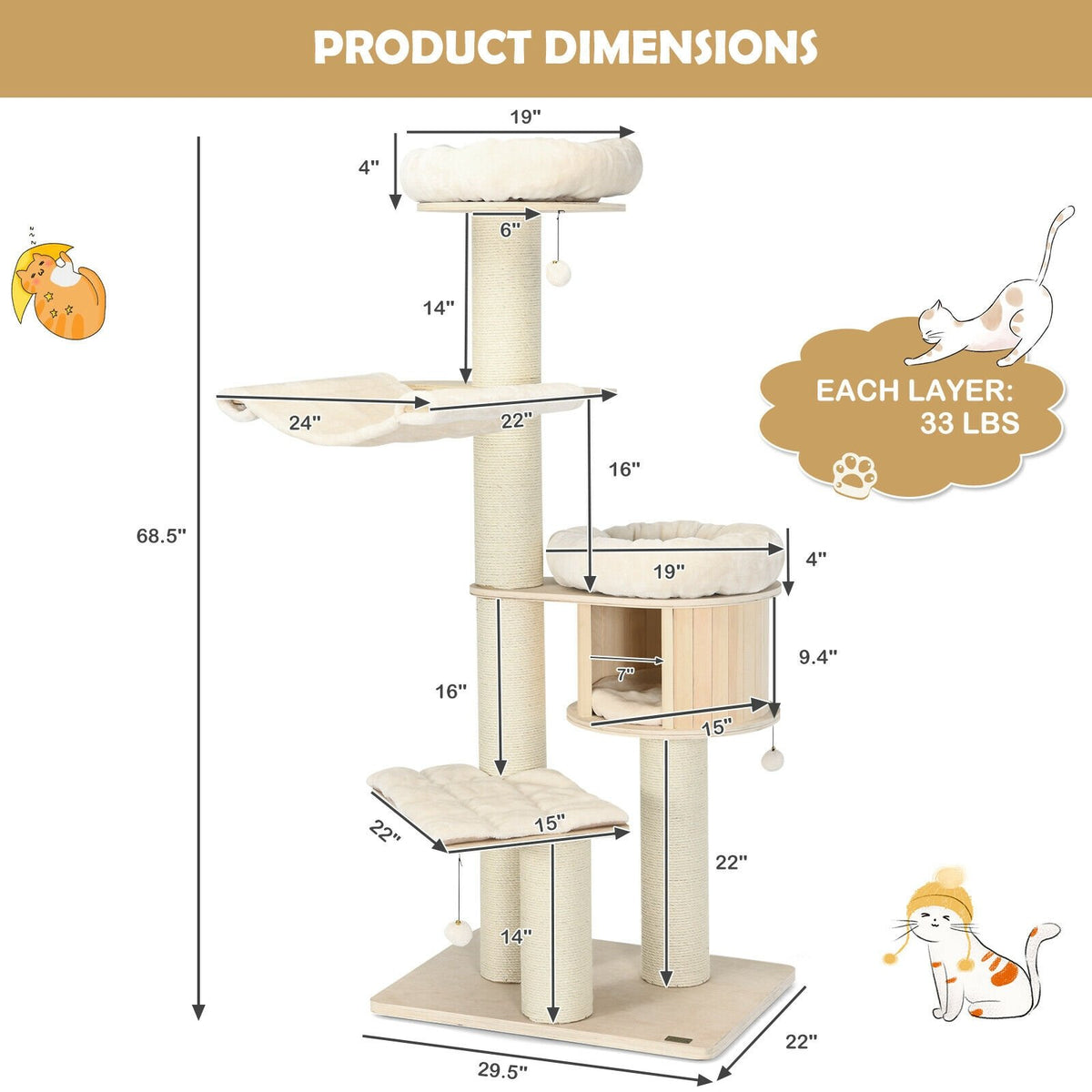 4-Layer 68.5-Inch Wooden Cat Tree Condo Activity Tower with Sisal Posts-Natural view 4