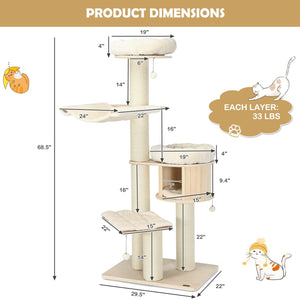 4-Layer 68.5-Inch Wooden Cat Tree Condo Activity Tower with Sisal Posts-Natural view 4