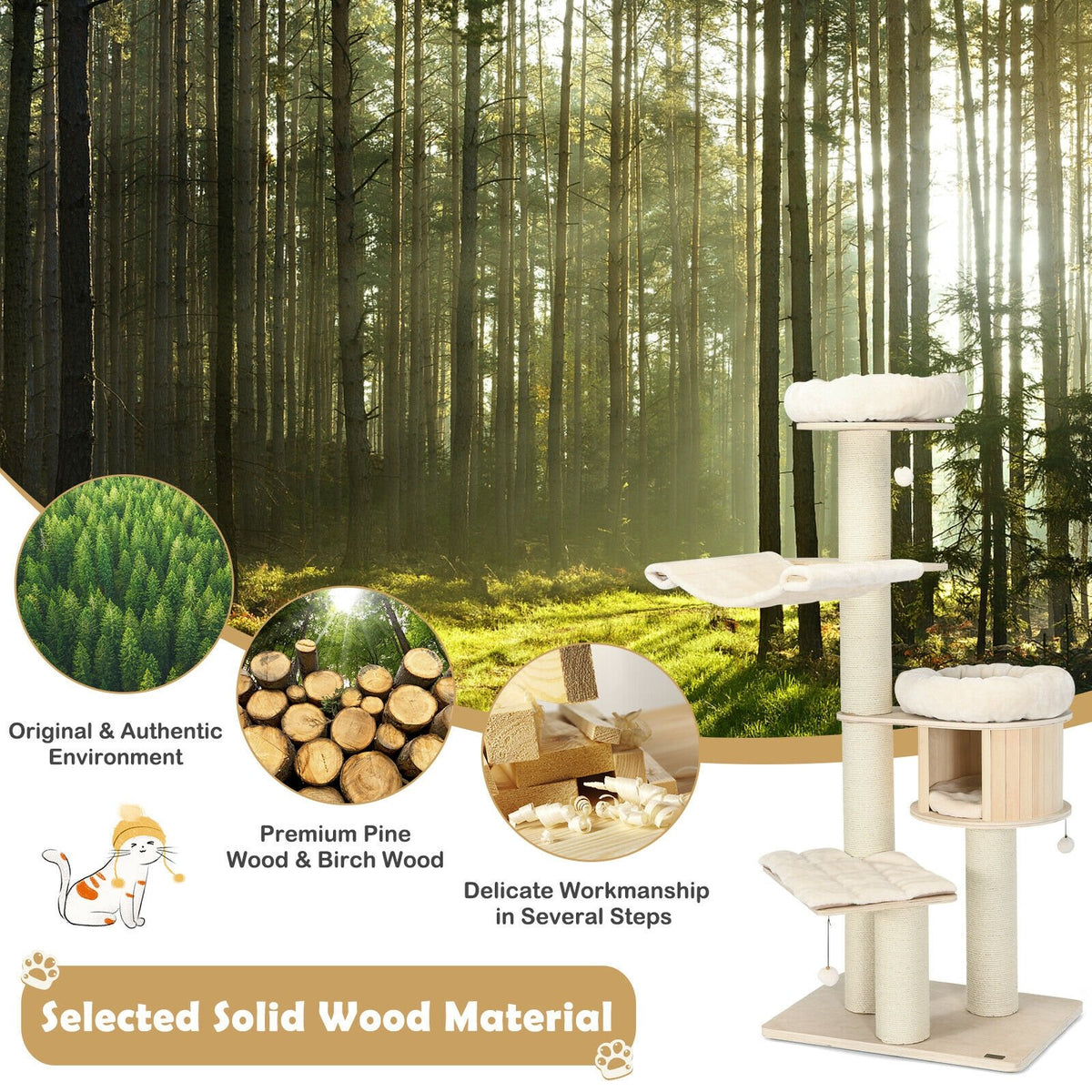 4-Layer 68.5-Inch Wooden Cat Tree Condo Activity Tower with Sisal Posts-Natural view 6