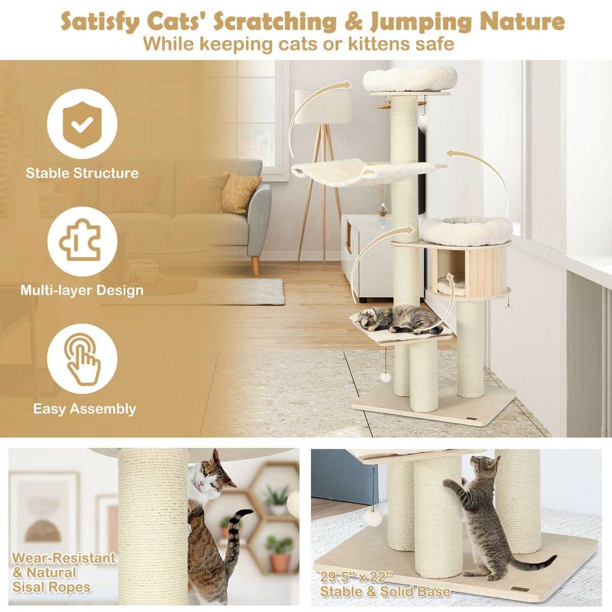 4-Layer 68.5-Inch Wooden Cat Tree Condo Activity Tower with Sisal Posts-Natural view 7