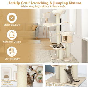 4-Layer 68.5-Inch Wooden Cat Tree Condo Activity Tower with Sisal Posts-Natural view 7