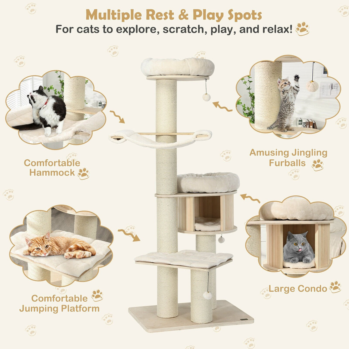 4-Layer 68.5-Inch Wooden Cat Tree Condo Activity Tower with Sisal Posts-Natural view 8