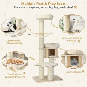 4-Layer 68.5-Inch Wooden Cat Tree Condo Activity Tower with Sisal Posts-Natural view 8
