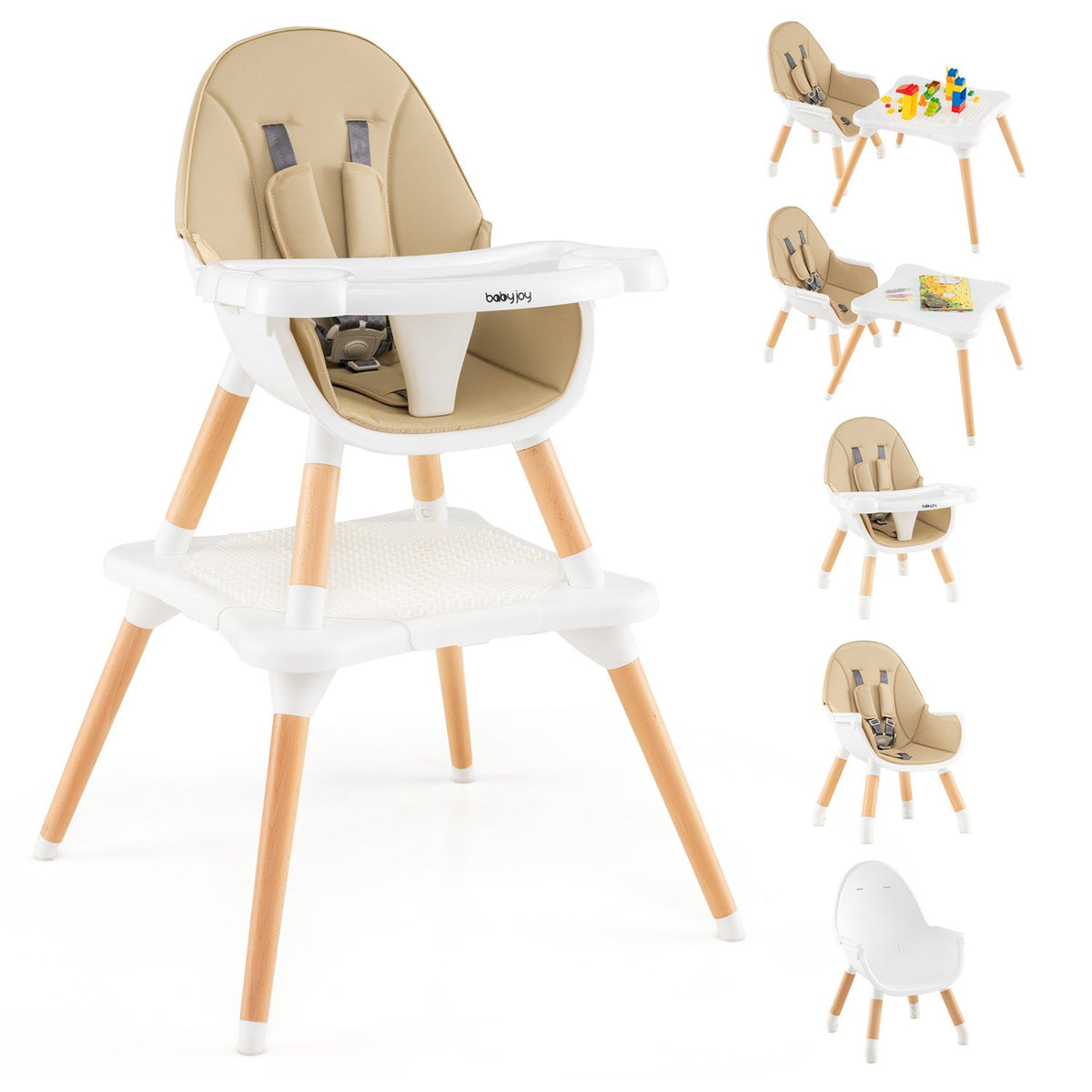 5-in-1 Baby Wooden Convertible High Chair-Khaki