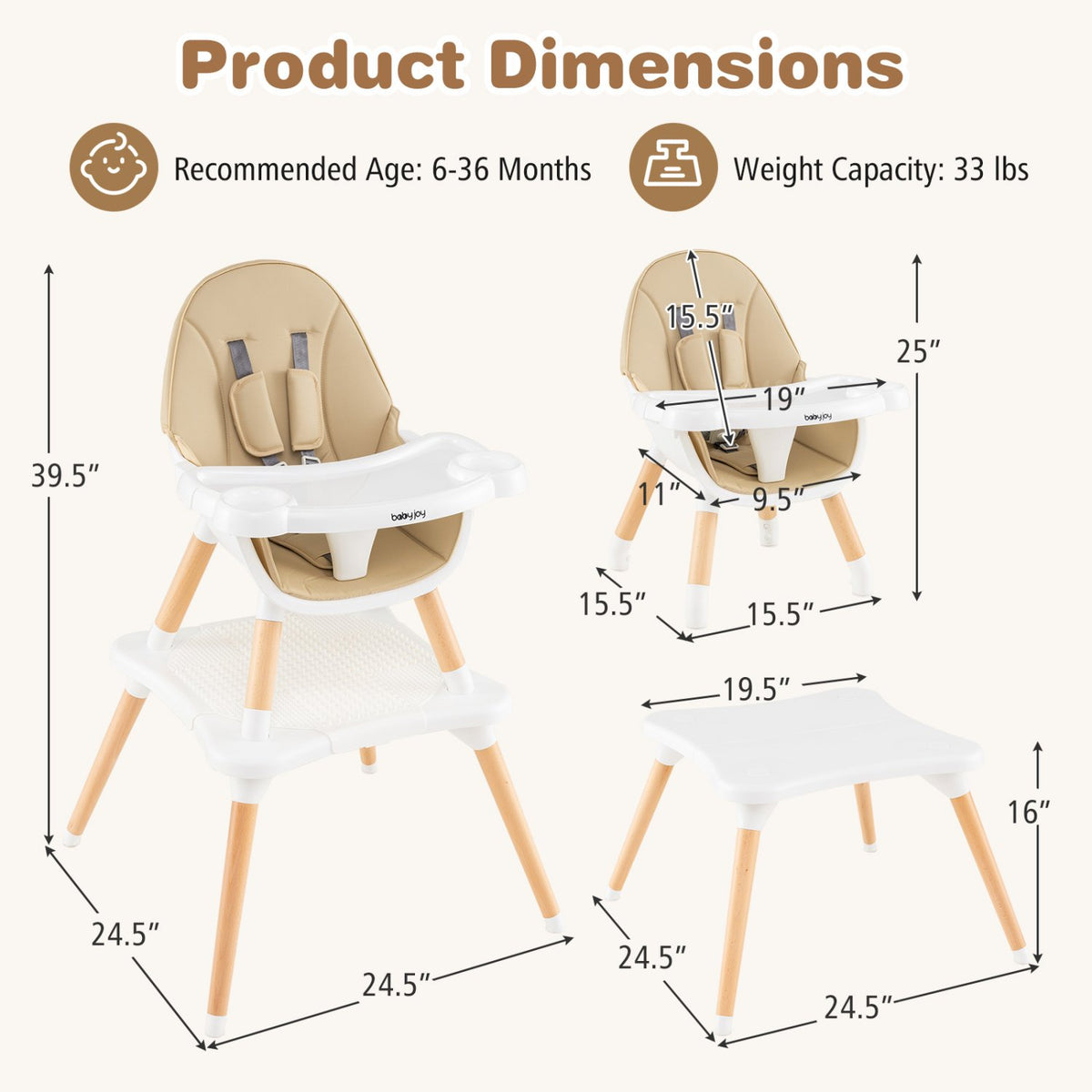 5-in-1 Baby Wooden Convertible High Chair-Khaki view 3