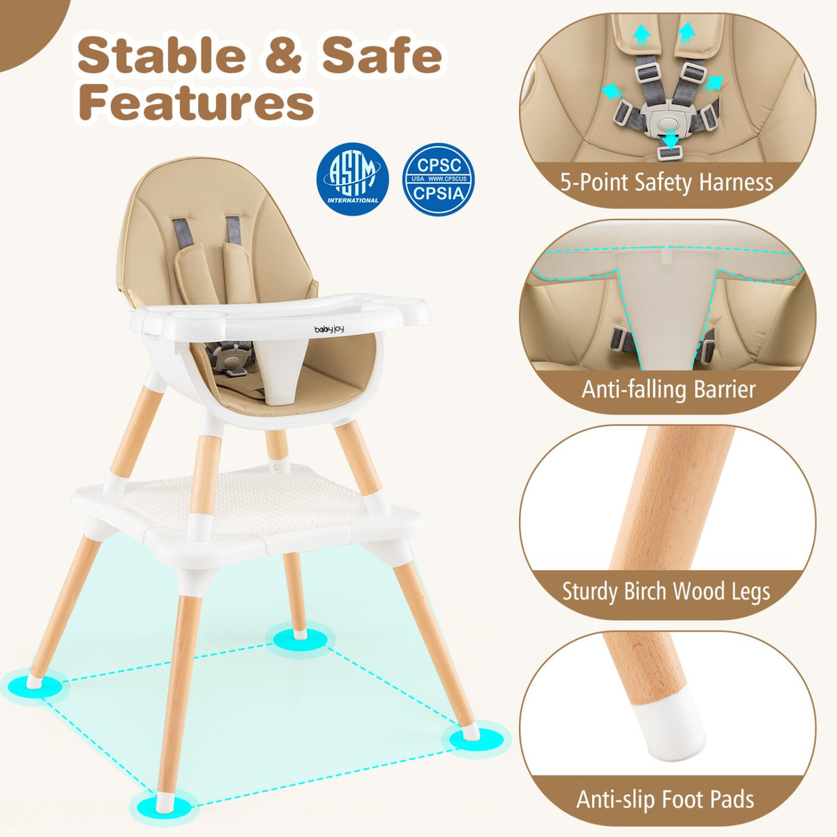 5-in-1 Baby Wooden Convertible High Chair-Khaki view 5