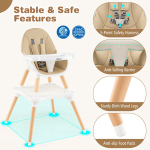5-in-1 Baby Wooden Convertible High Chair-Khaki view 5