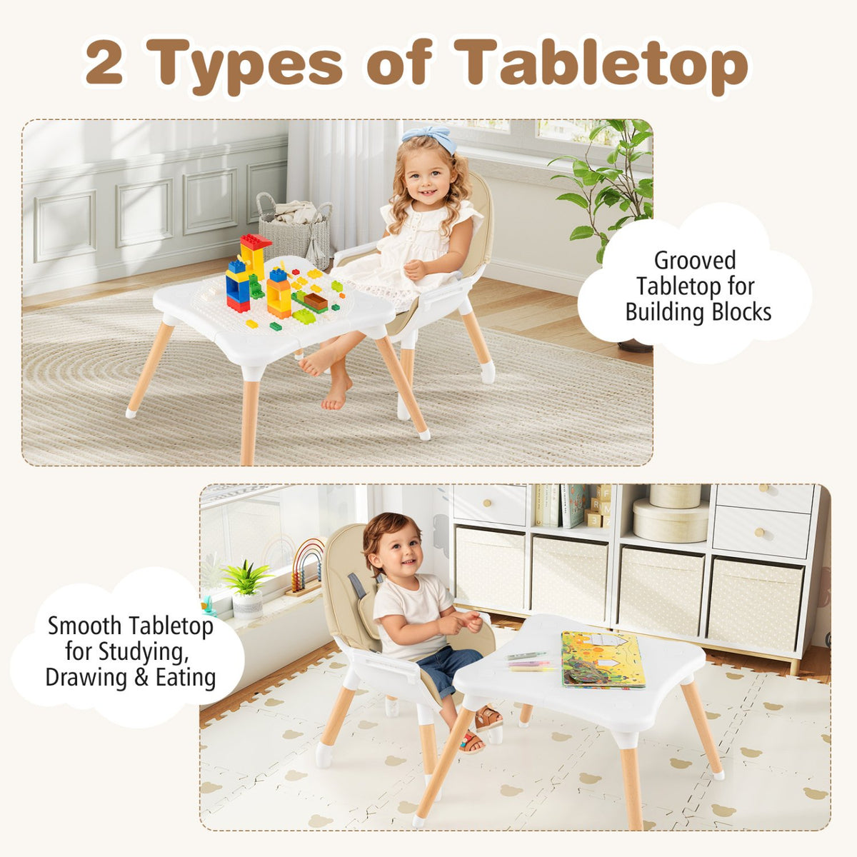 5-in-1 Baby Wooden Convertible High Chair-Khaki view 8