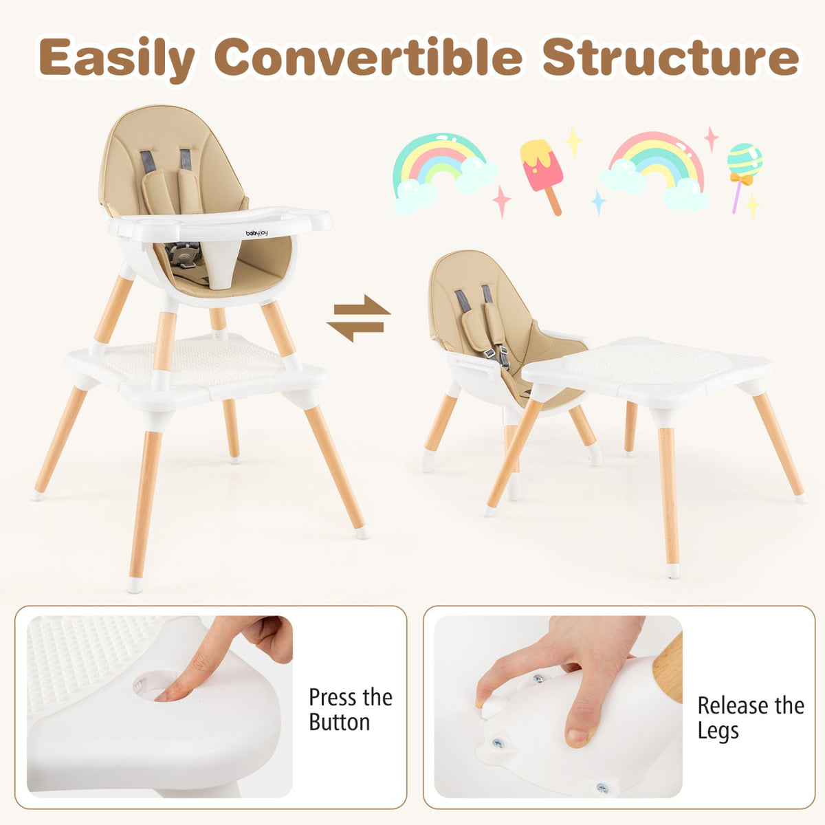 5-in-1 Baby Wooden Convertible High Chair-Khaki view 9