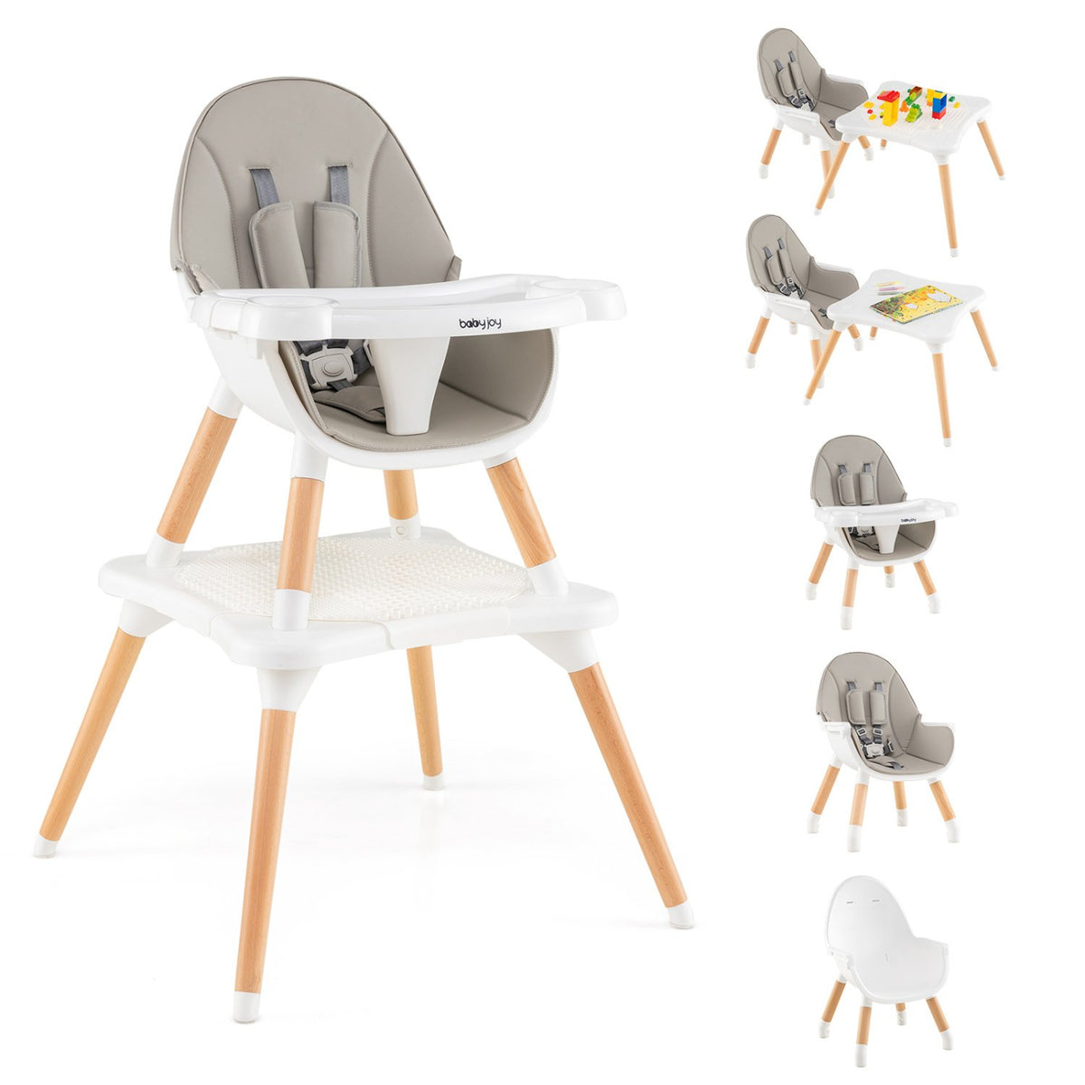 5-in-1 Baby Wooden Convertible High Chair -Gray