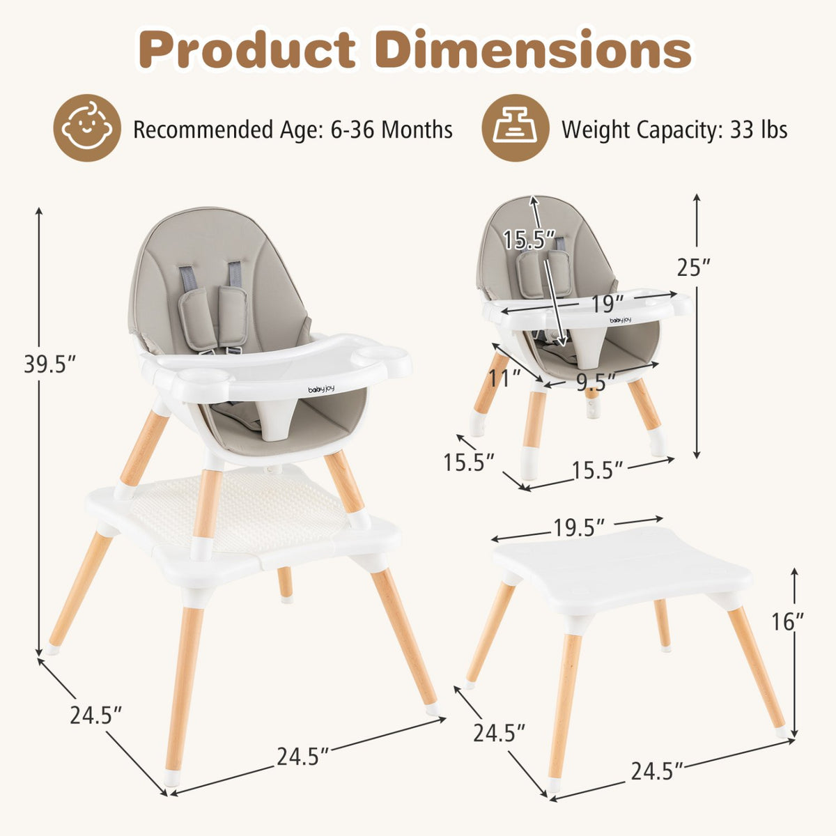 5-in-1 Baby Wooden Convertible High Chair -Gray view 3