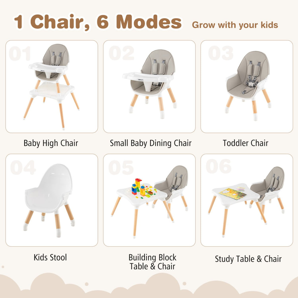 5-in-1 Baby Wooden Convertible High Chair -Gray view 5