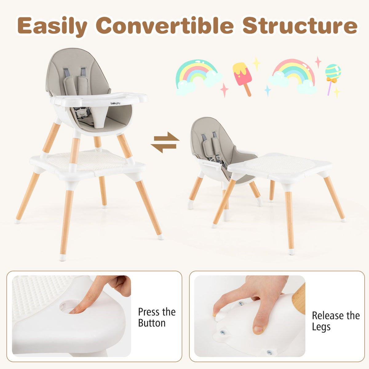 5-in-1 Baby Wooden Convertible High Chair -Gray view 9