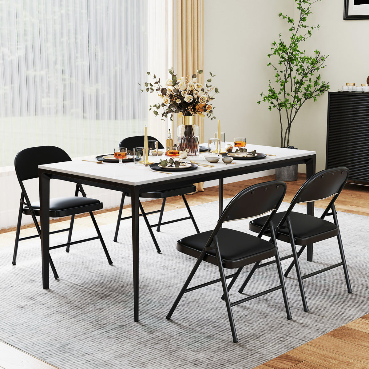 4 Pack Folding Chairs with Metal Frame and PVC Leather for Indoor Outdoor-Black view 2