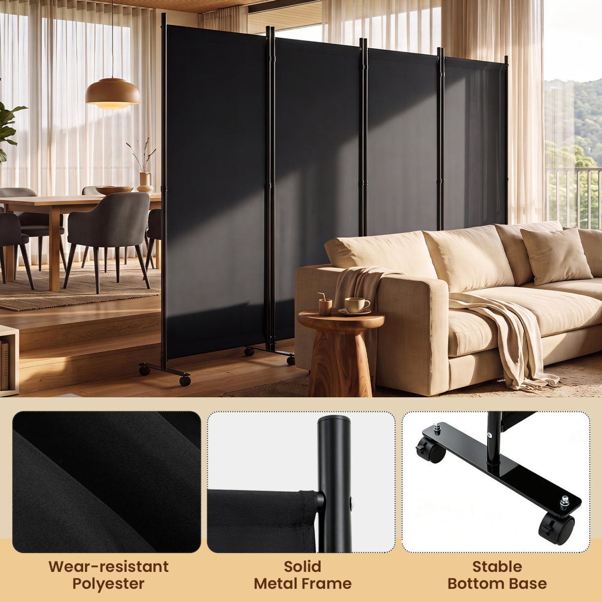 4 Panel Folding Privacy Screen Room Divider with Wheels-Black view 8