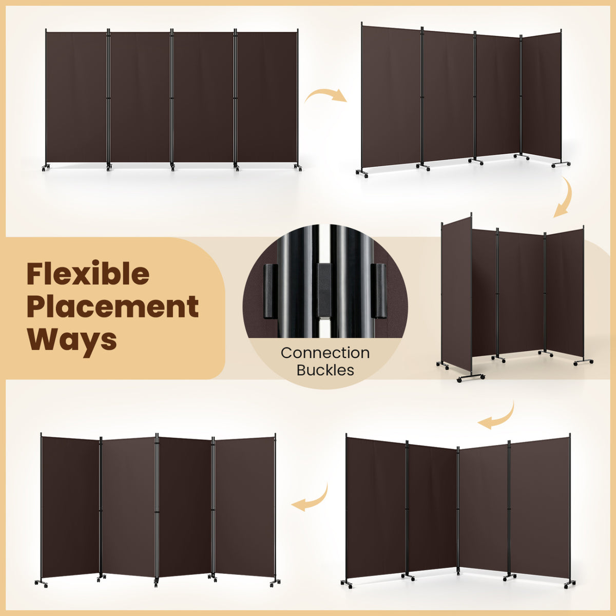 4 Panel Folding Privacy Screen Room Divider with Wheels-Brown view 7