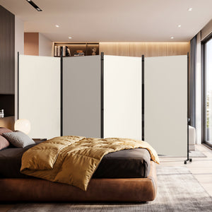 4 Panel Folding Privacy Screen Room Divider with Wheels-White view 3
