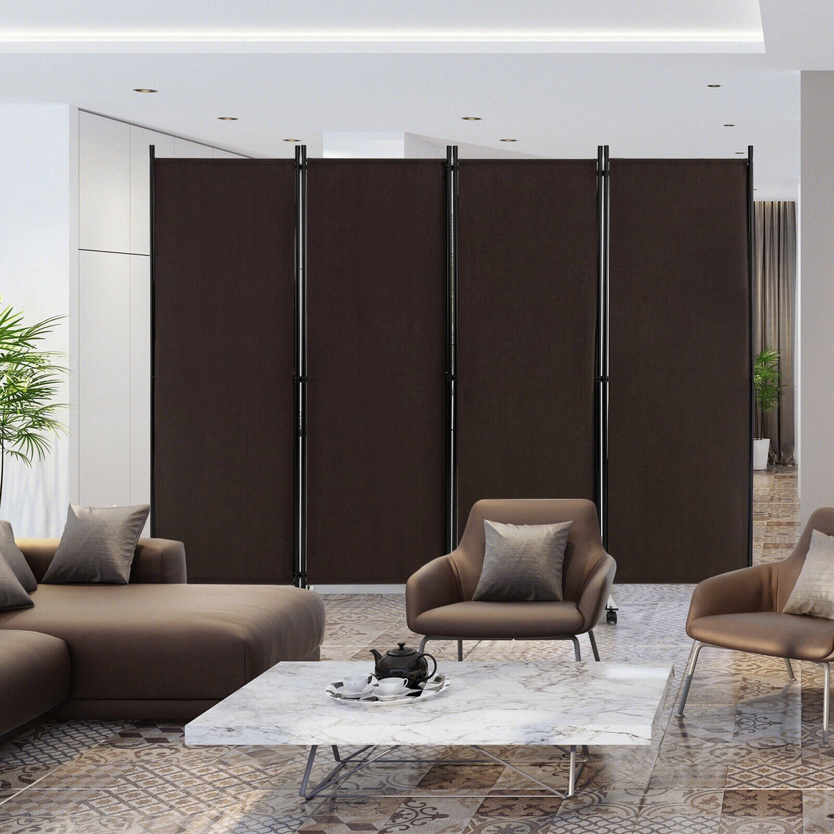 4-Panel Folding Room Divider 6 Feet Rolling Privacy Screen with Lockable Wheels-Brown view 2