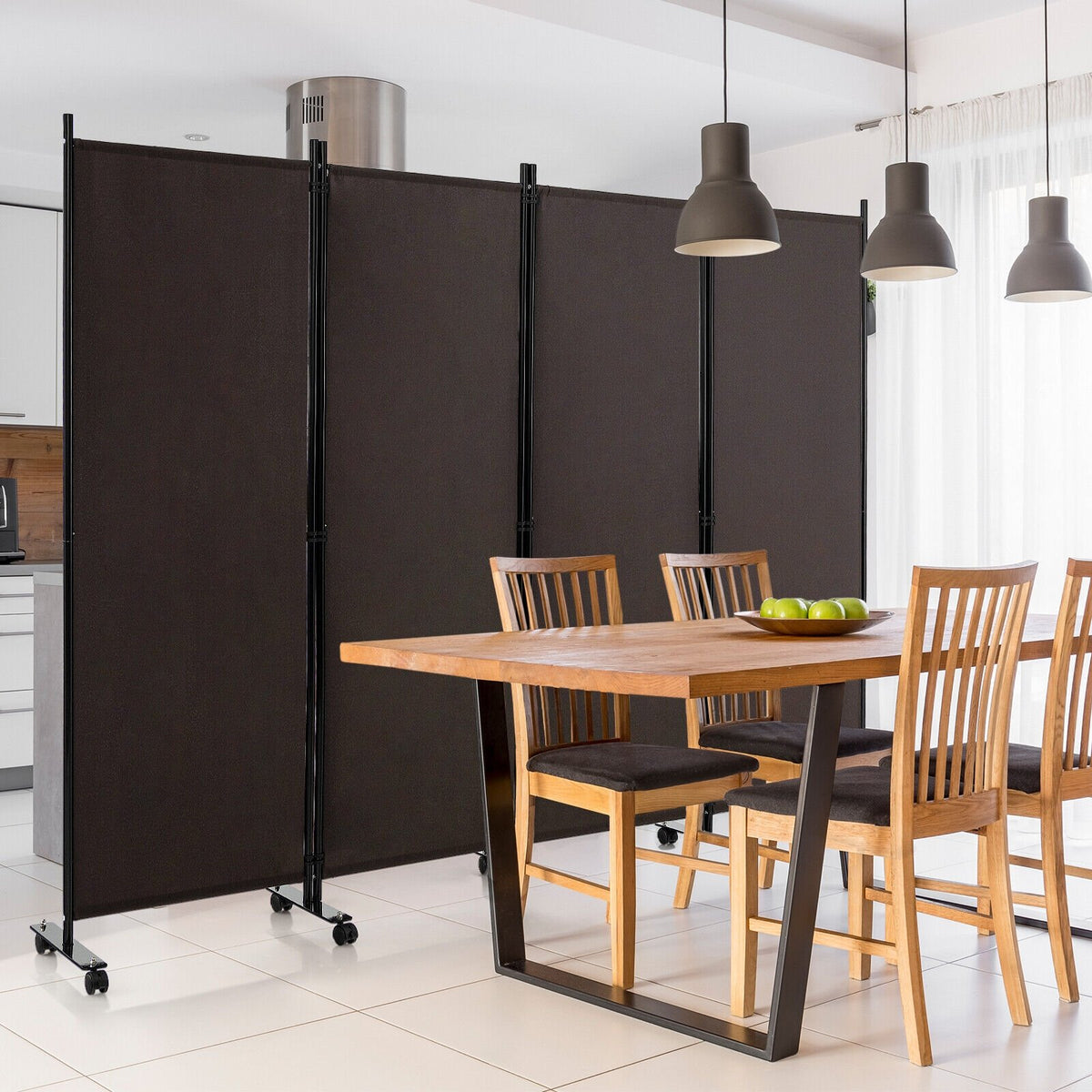 4-Panel Folding Room Divider 6 Feet Rolling Privacy Screen with Lockable Wheels-Brown view 3
