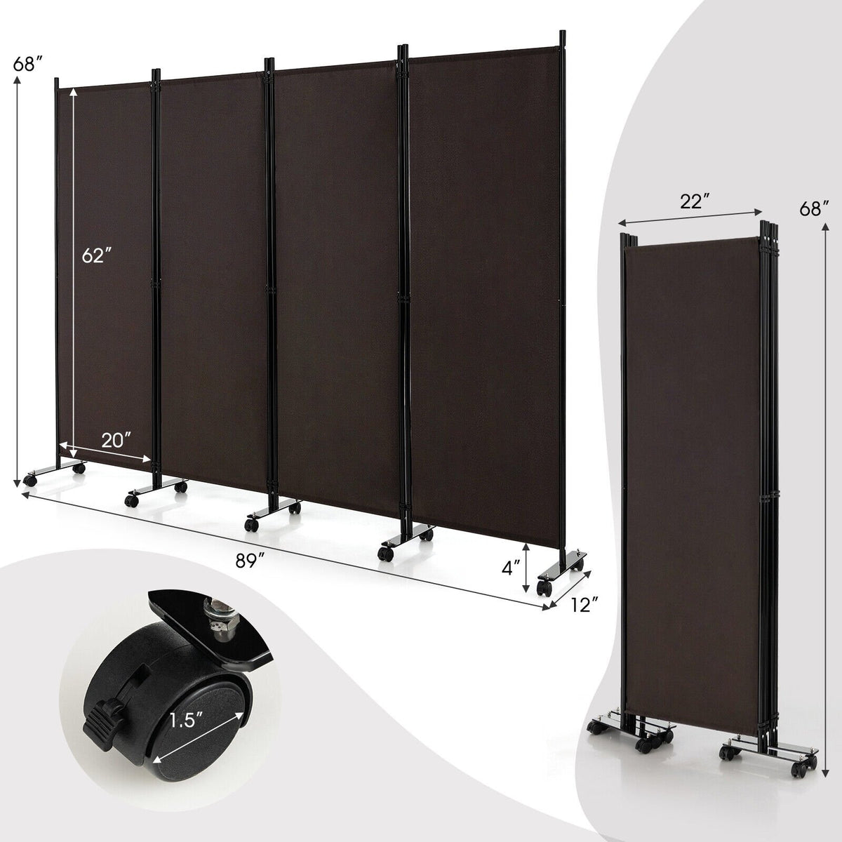 4-Panel Folding Room Divider 6 Feet Rolling Privacy Screen with Lockable Wheels-Brown view 4