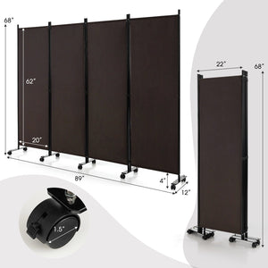 4-Panel Folding Room Divider 6 Feet Rolling Privacy Screen with Lockable Wheels-Brown view 4