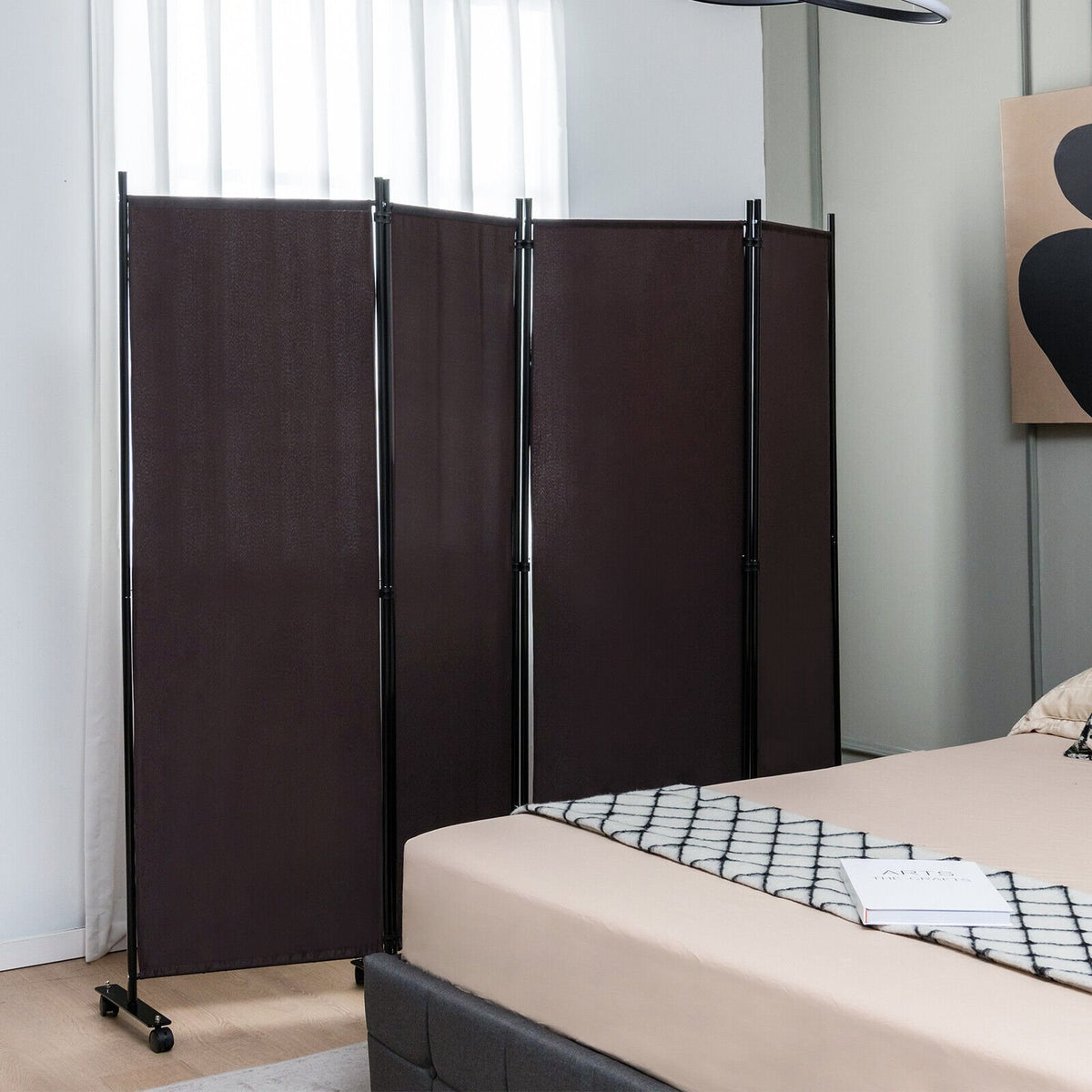 4-Panel Folding Room Divider 6 Feet Rolling Privacy Screen with Lockable Wheels-Brown view 5