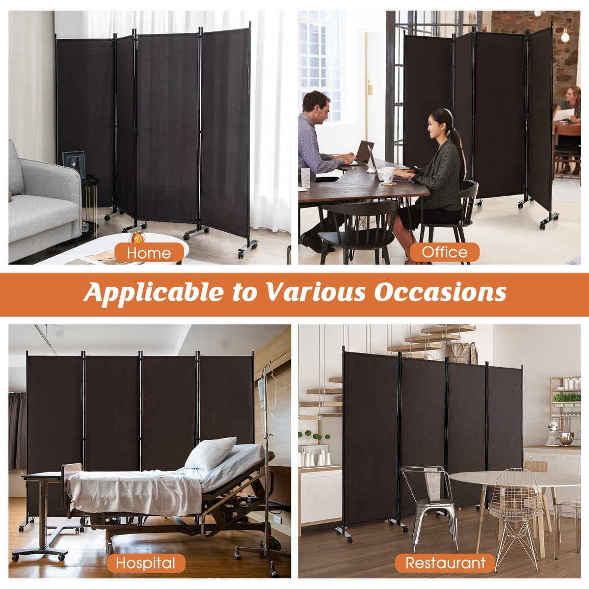 4-Panel Folding Room Divider 6 Feet Rolling Privacy Screen with Lockable Wheels-Brown view 6