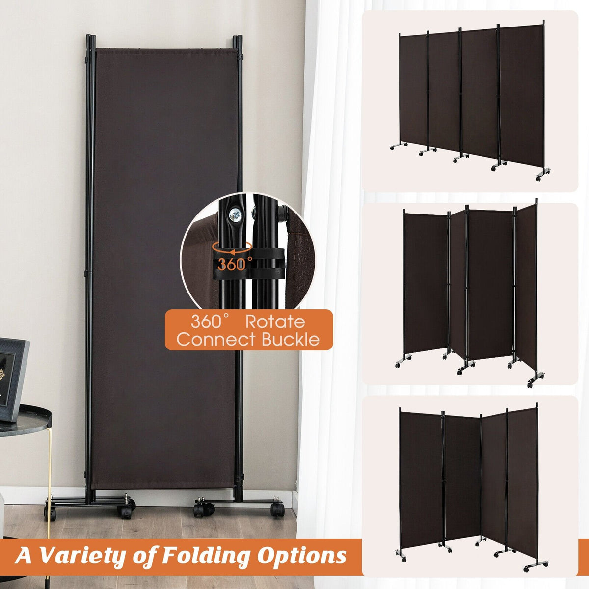 4-Panel Folding Room Divider 6 Feet Rolling Privacy Screen with Lockable Wheels-Brown view 7