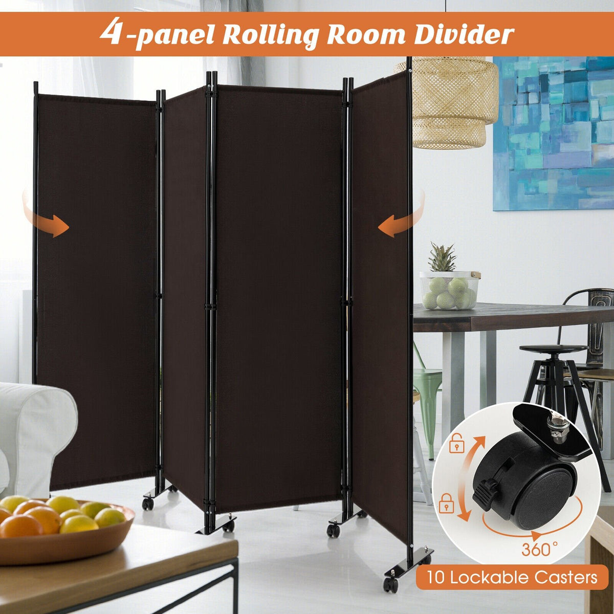 4-Panel Folding Room Divider 6 Feet Rolling Privacy Screen with Lockable Wheels-Brown view 8