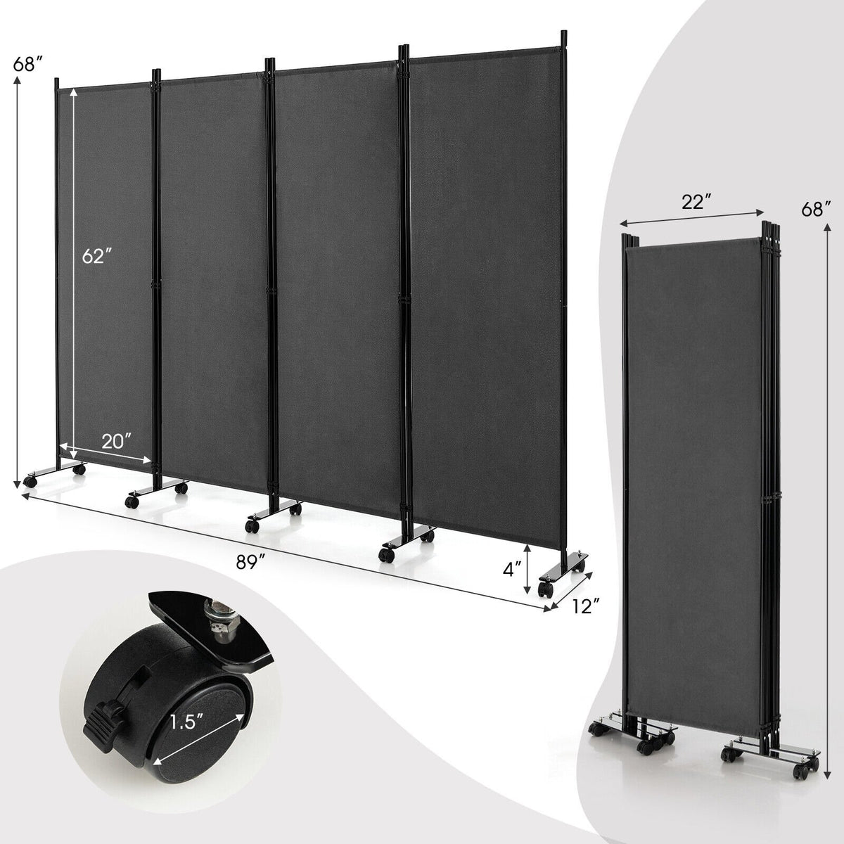 4-Panel Folding Room Divider 6 Feet Rolling Privacy Screen with Lockable Wheels-Gray view 4