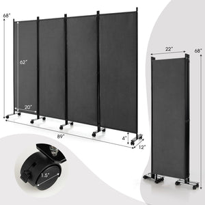 4-Panel Folding Room Divider 6 Feet Rolling Privacy Screen with Lockable Wheels-Gray view 4