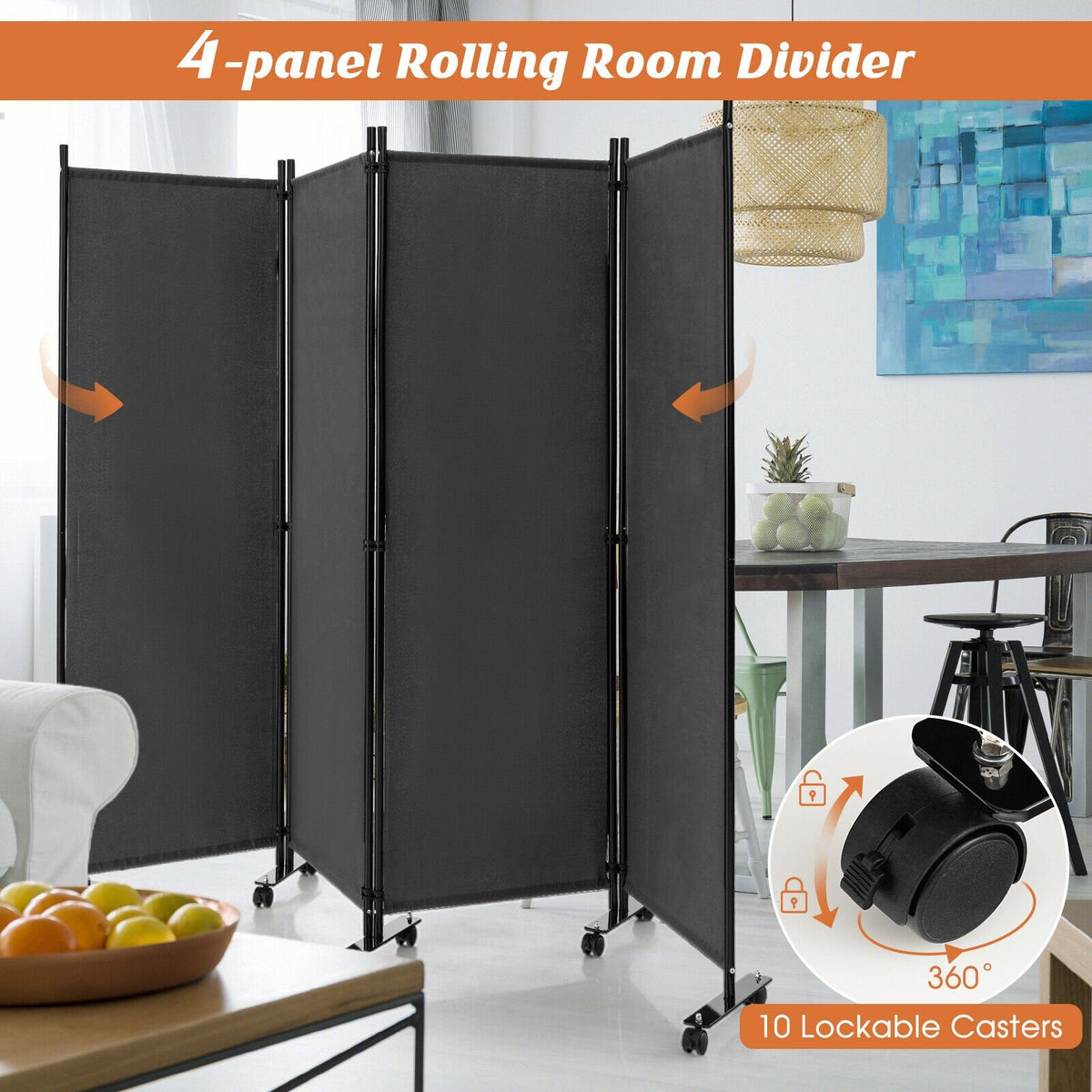 4-Panel Folding Room Divider 6 Feet Rolling Privacy Screen with Lockable Wheels-Gray view 8