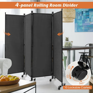 4-Panel Folding Room Divider 6 Feet Rolling Privacy Screen with Lockable Wheels-Gray view 8