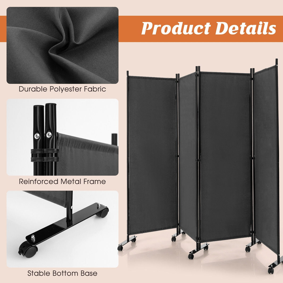 4-Panel Folding Room Divider 6 Feet Rolling Privacy Screen with Lockable Wheels-Gray view 9