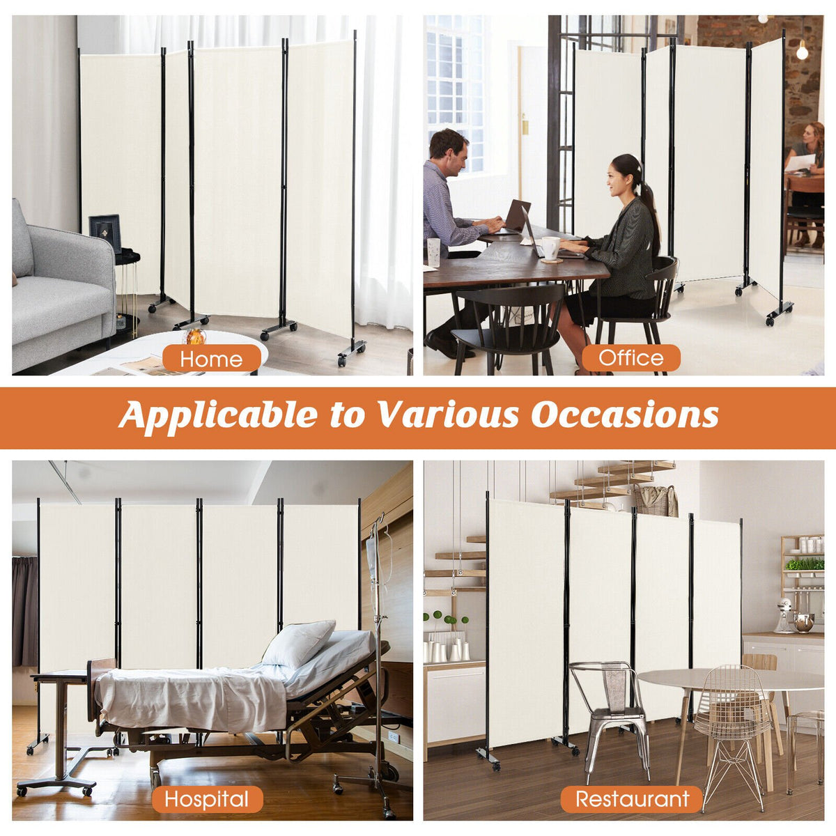 4-Panel Folding Room Divider 6 Feet Rolling Privacy Screen with Lockable Wheels-White view 7