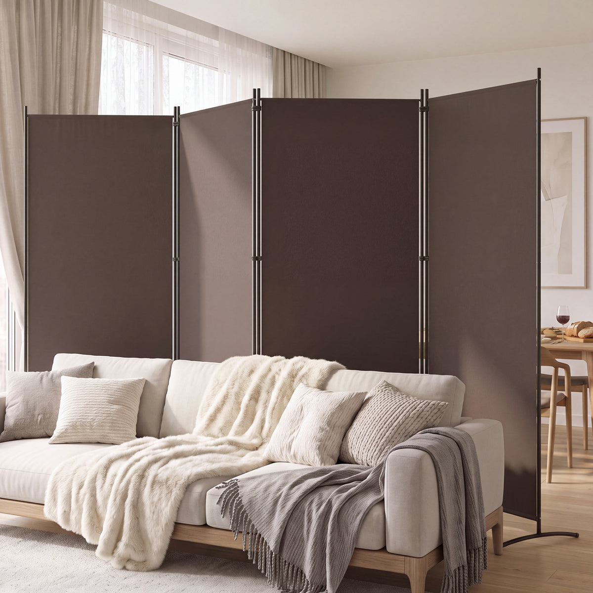 4 Panel Room Divider 6 FT Tall Folding Privacy Screen with Curved Metal Feet-Brown view 2