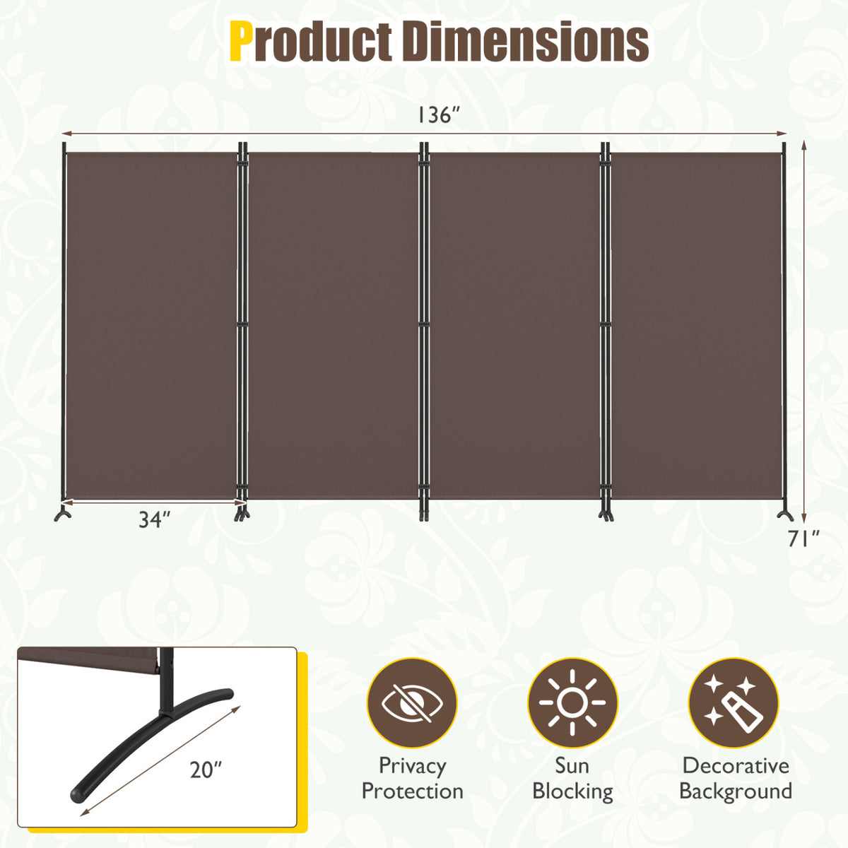 4 Panel Room Divider 6 FT Tall Folding Privacy Screen with Curved Metal Feet-Brown view 3