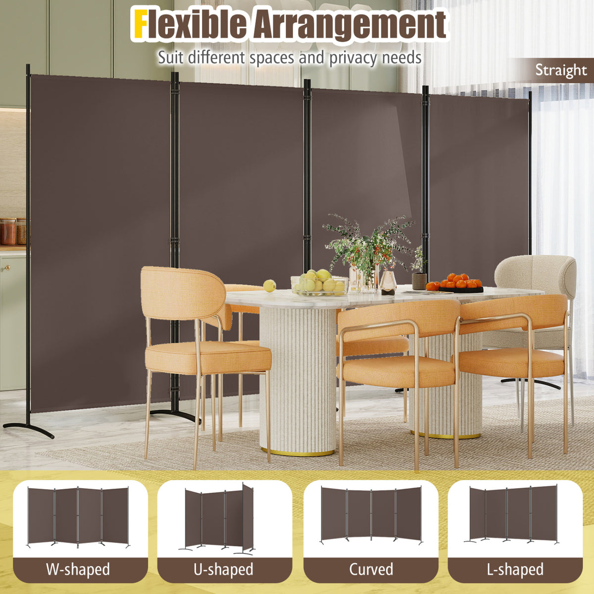 4 Panel Room Divider 6 FT Tall Folding Privacy Screen with Curved Metal Feet-Brown view 4