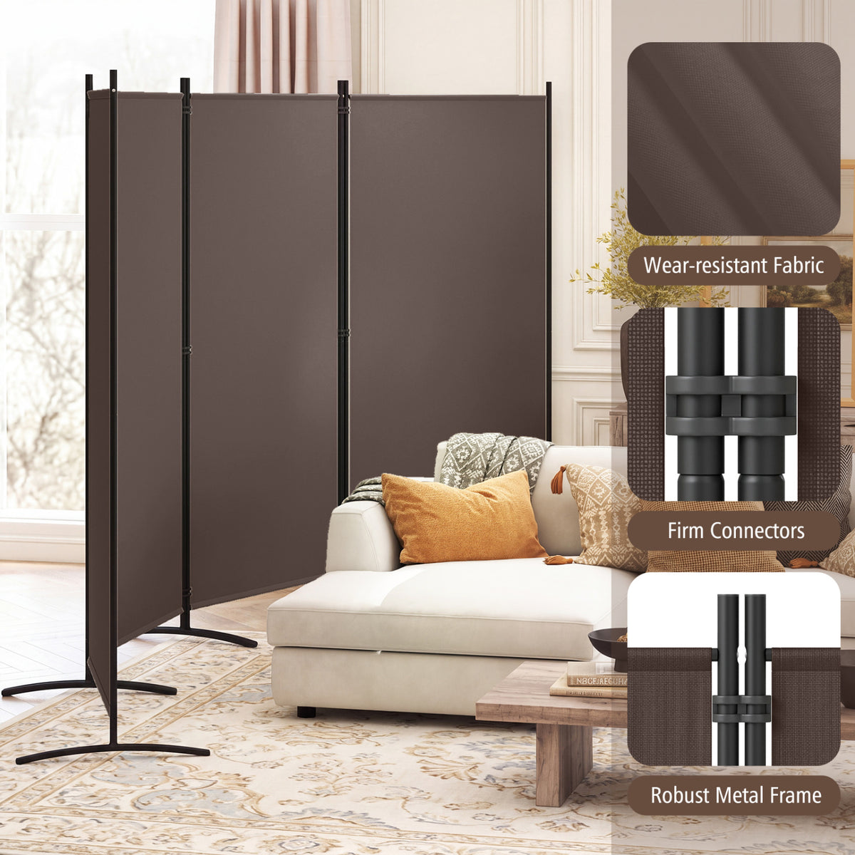 4 Panel Room Divider 6 FT Tall Folding Privacy Screen with Curved Metal Feet-Brown view 5