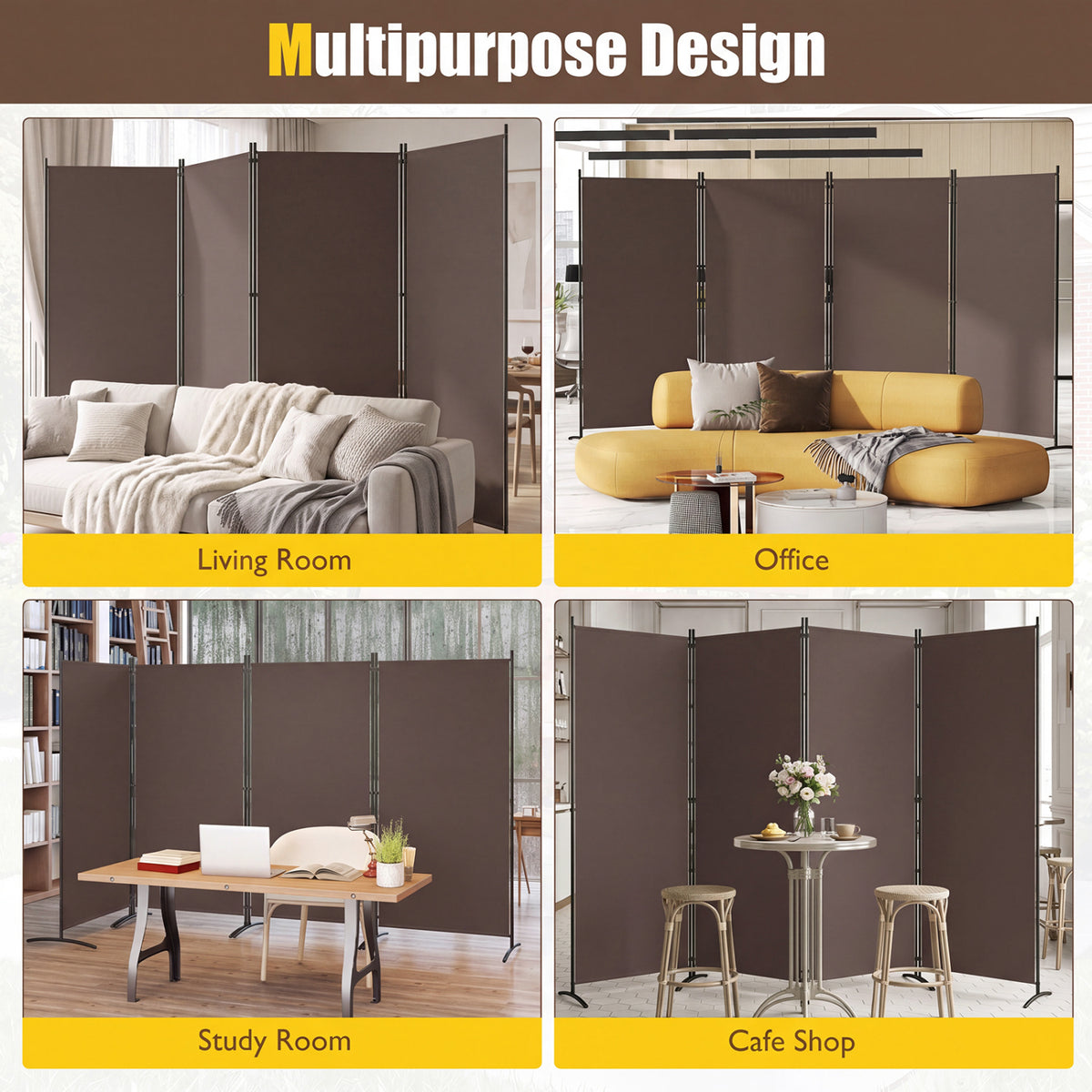 4 Panel Room Divider 6 FT Tall Folding Privacy Screen with Curved Metal Feet-Brown view 7