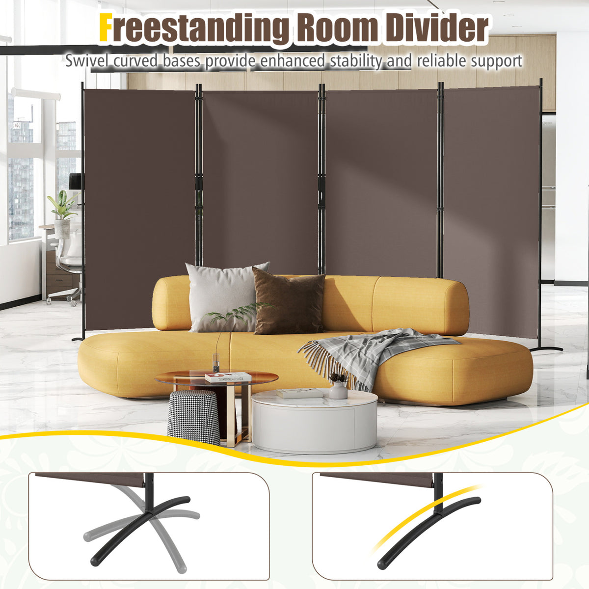 4 Panel Room Divider 6 FT Tall Folding Privacy Screen with Curved Metal Feet-Brown view 9