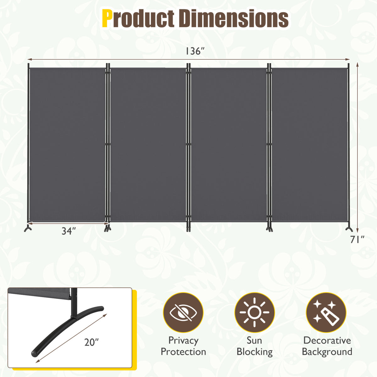 4 Panel Room Divider 6 FT Tall Folding Privacy Screen with Curved Metal Feet-Gray view 4