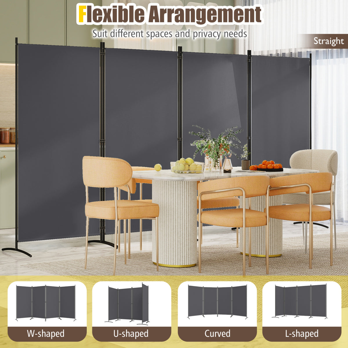 4 Panel Room Divider 6 FT Tall Folding Privacy Screen with Curved Metal Feet-Gray view 5