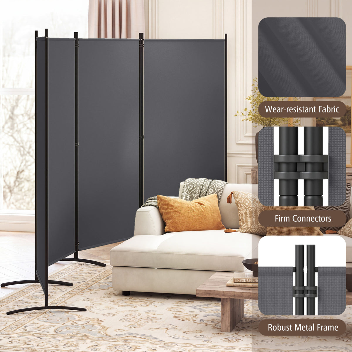 4 Panel Room Divider 6 FT Tall Folding Privacy Screen with Curved Metal Feet-Gray view 6