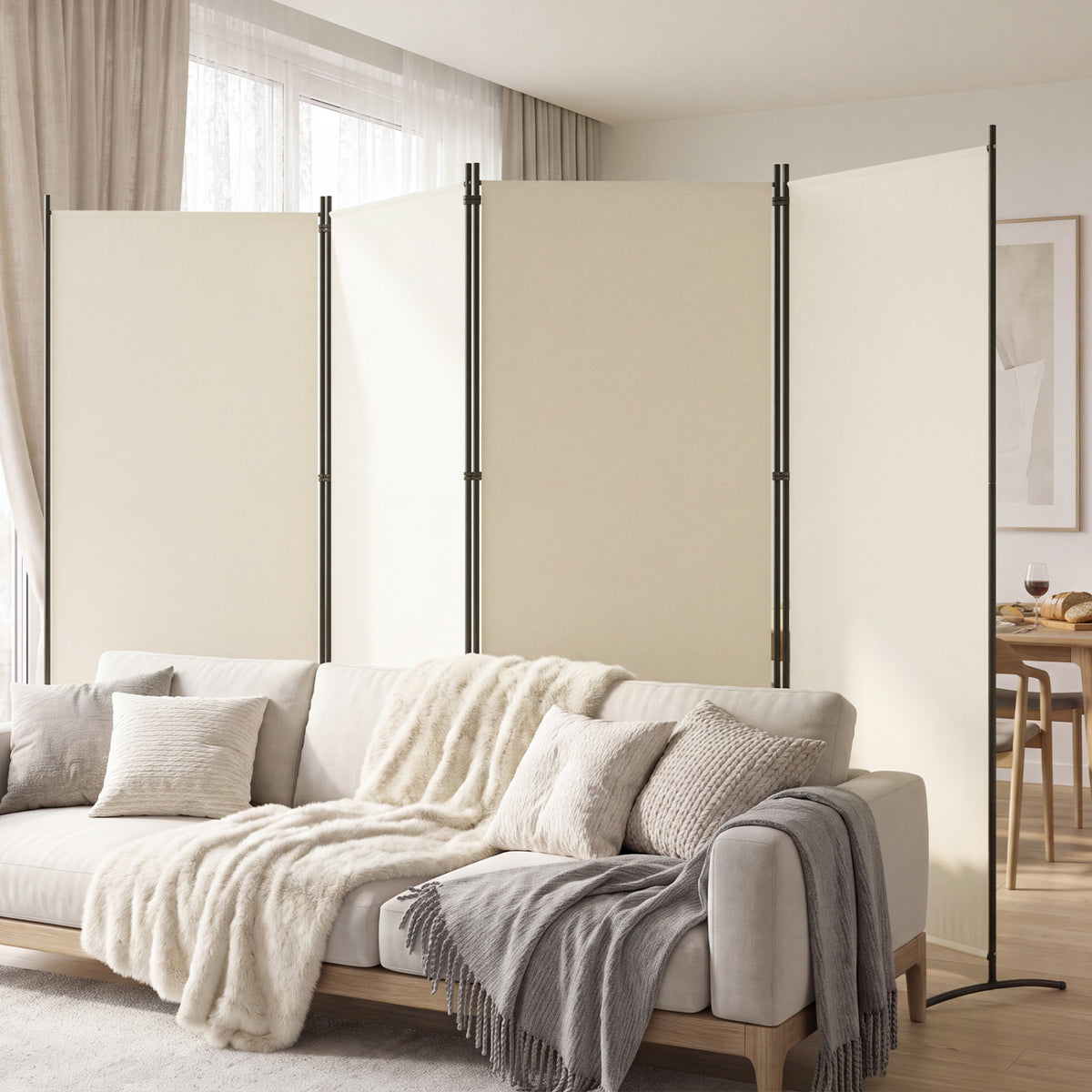 4 Panel Room Divider 6 FT Tall Folding Privacy Screen with Curved Metal Feet-White view 2