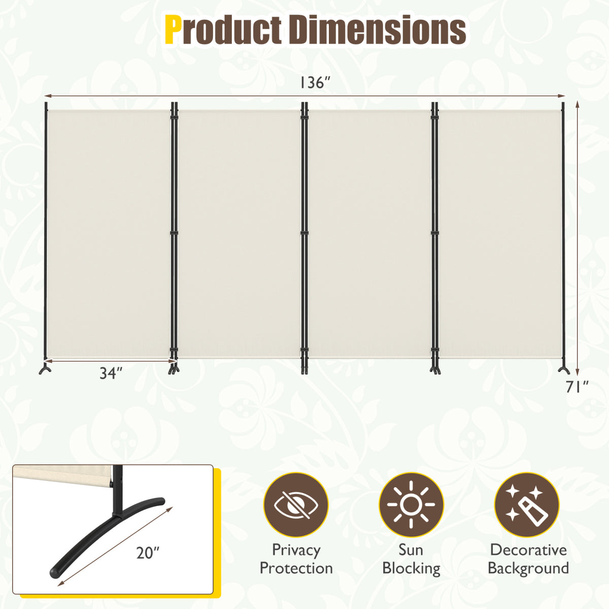 4 Panel Room Divider 6 FT Tall Folding Privacy Screen with Curved Metal Feet-White view 4