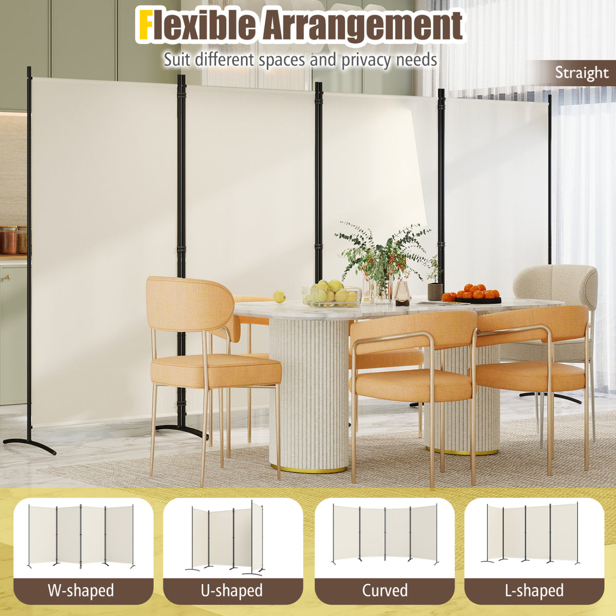 4 Panel Room Divider 6 FT Tall Folding Privacy Screen with Curved Metal Feet-White view 5