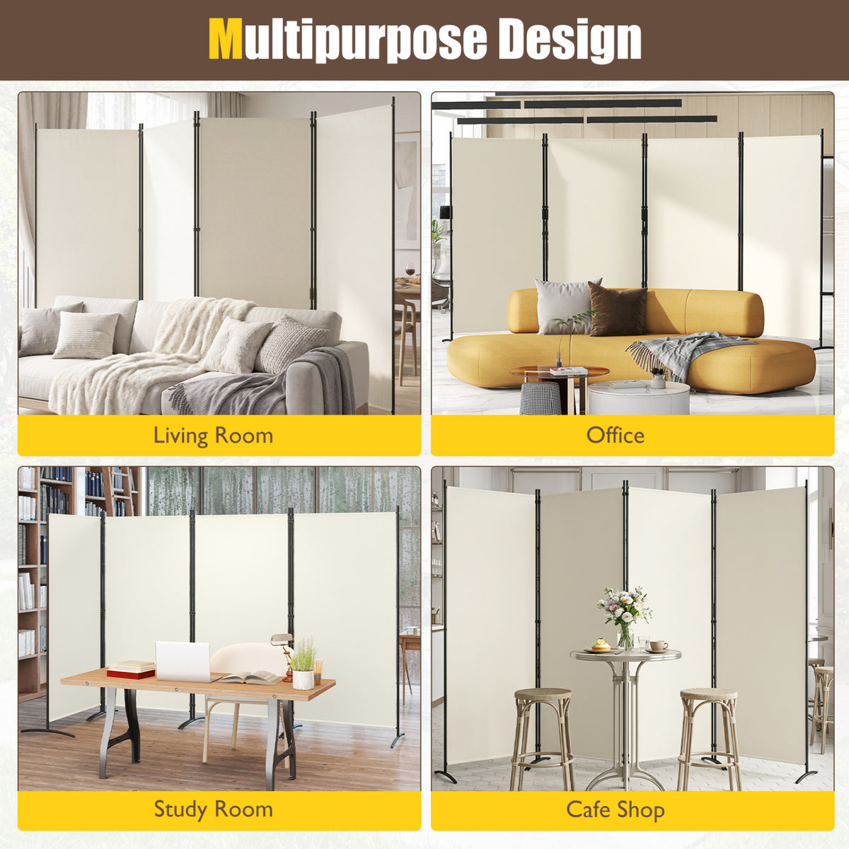 4 Panel Room Divider 6 FT Tall Folding Privacy Screen with Curved Metal Feet-White view 8