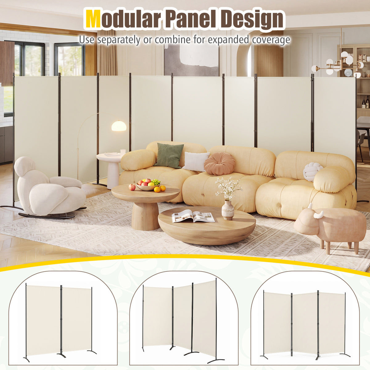 4 Panel Room Divider 6 FT Tall Folding Privacy Screen with Curved Metal Feet-White view 9